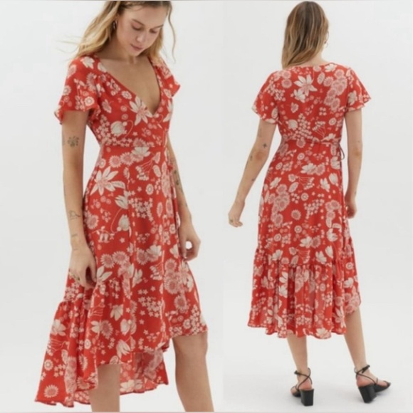 URBAN OUTFITTERS Deep Orange Floral High Low Wrap Dress - Picture 1 of 11
